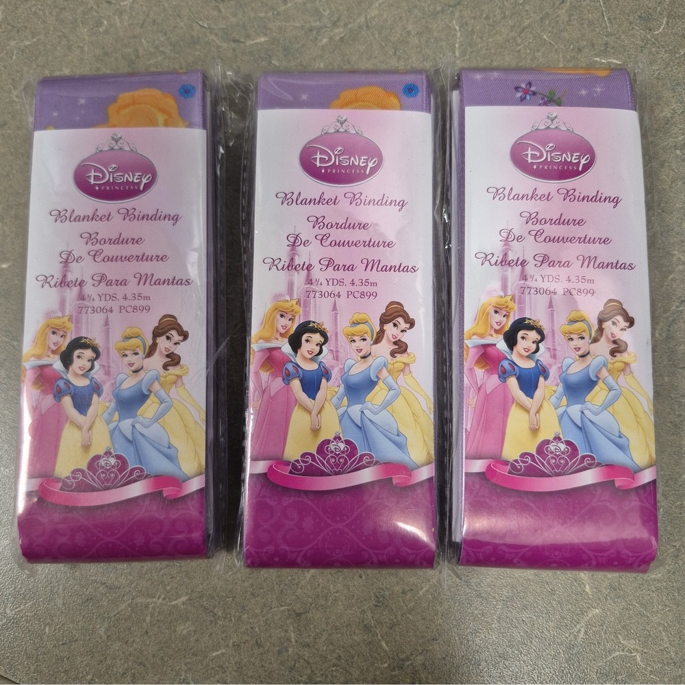 Wrights Disney Princess Blanket Binding Lot of 3. Belle, Snow White, Cinderella